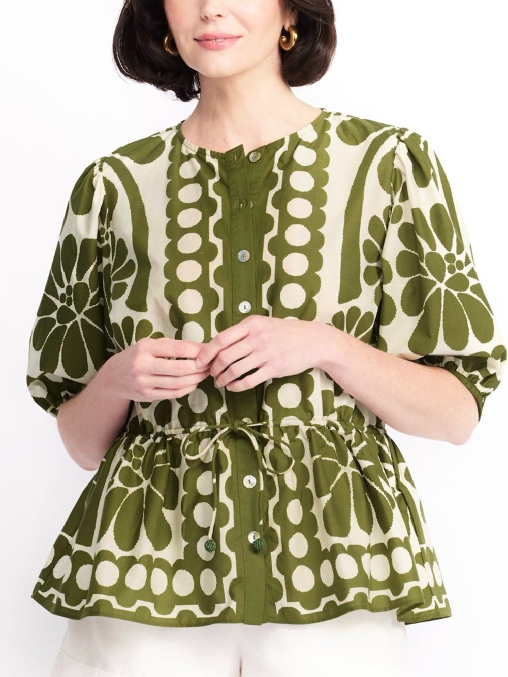 FARM Rio Green Palermo Drawstring Cinch-Waist Blouse Size Large NWT - Picture 2 of 16
